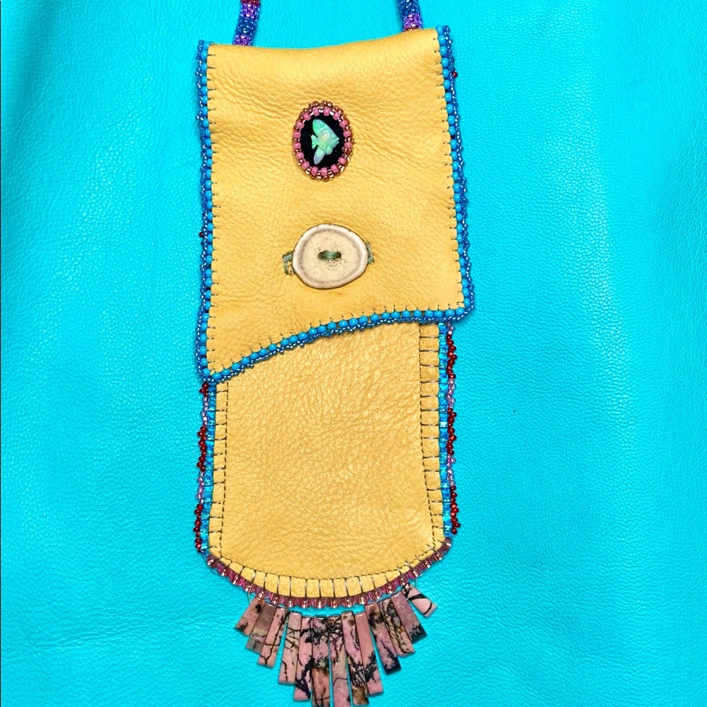 Beaded Beadwork Bead Embroidery Deerskin Leather Pouch Purse Opal Fish Rhodonite